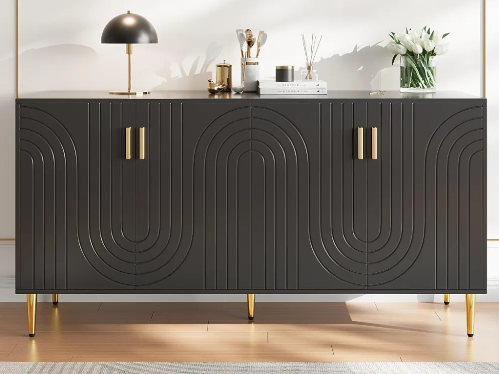 Aparador moderno - 4 portas com padrão ondulado - em MDF - Preto