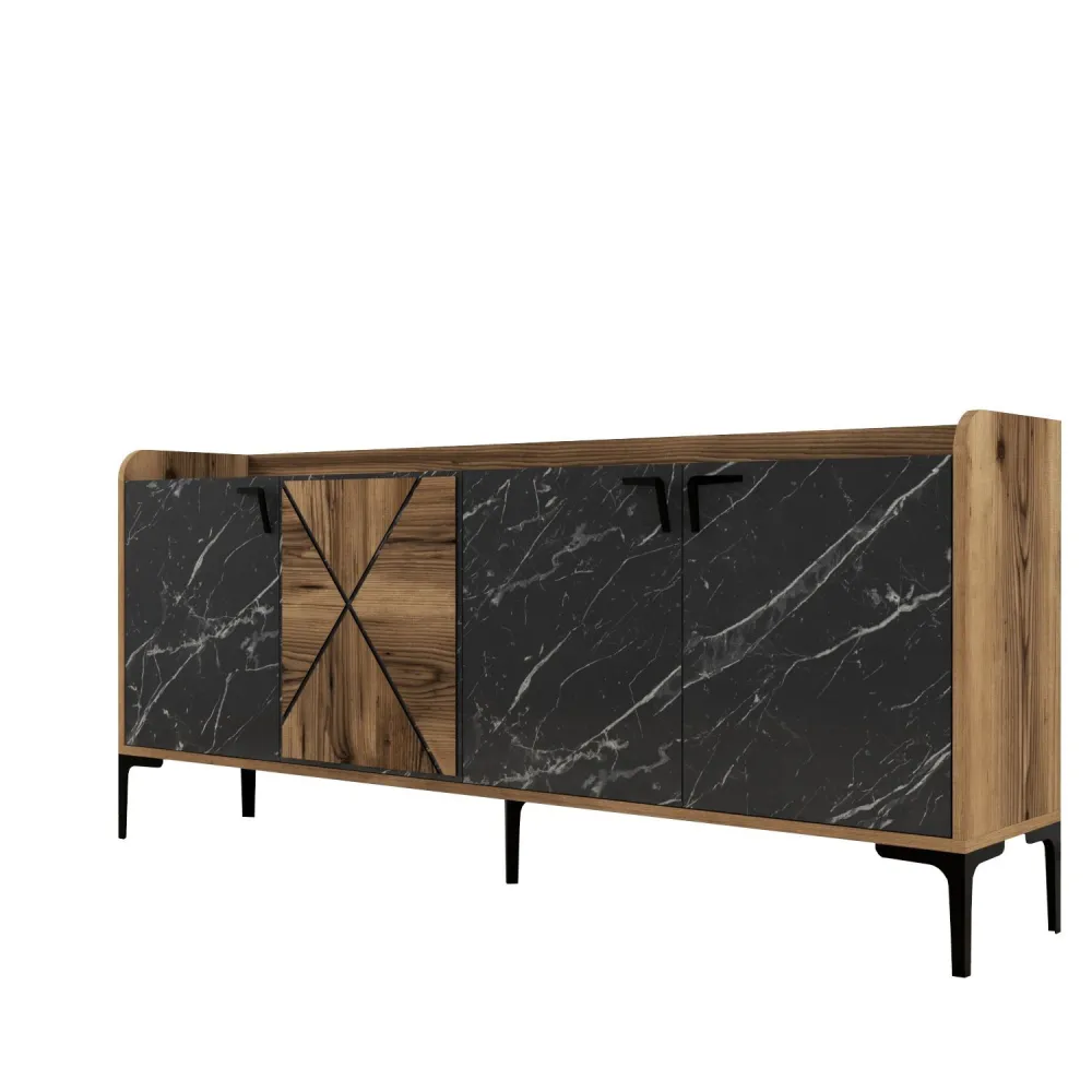 Gazebo com Cortinas Buffet baixo 4 portas Zenger 180cm Madeira Genuíno e Preto efeito mármore e Metal Preto