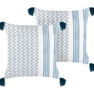 Conjunto de 2 almofadas decorativas em algodão branco e azul sombrio 45 x 45 cm TILIA