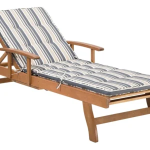 Acacia Wood Reclining Sun Lounger Blue and Cor creme Cushion JAVA