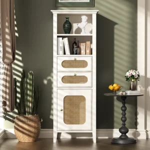 Aparador, vitrine com 2 gavetas, 2 nichos e uma porta - Efeito Rattan - 140,5 x 38 x 50 cm - Madeira MDF - Branco