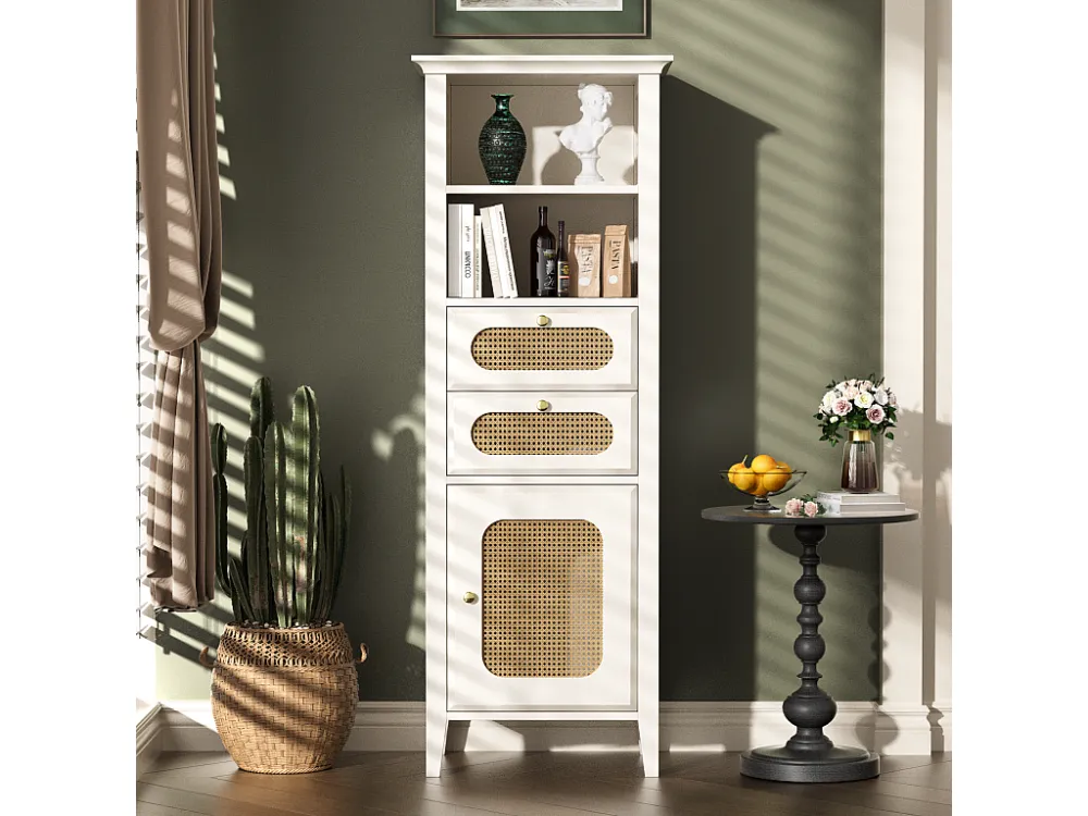 Aparador, vitrine com 2 gavetas, 2 nichos e uma porta - Efeito Rattan - 140,5 x 38 x 50 cm - Madeira MDF - Branco