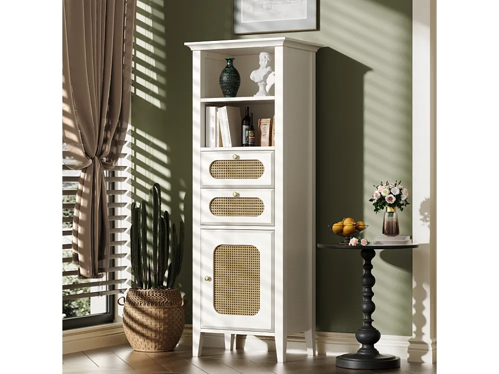 Aparador, vitrine com 2 gavetas, 2 nichos e uma porta - Efeito Rattan - 140,5 x 38 x 50 cm - Madeira MDF - Branco