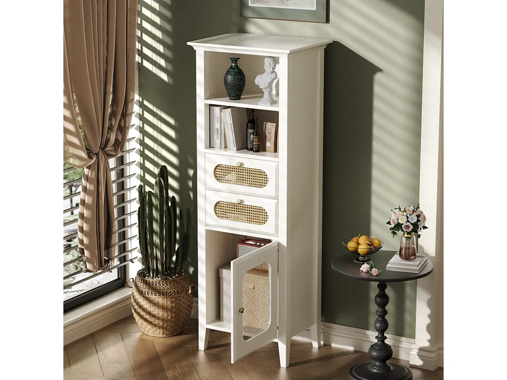 Aparador, vitrine com 2 gavetas, 2 nichos e uma porta - Efeito Rattan - 140,5 x 38 x 50 cm - Madeira MDF - Branco