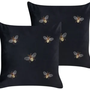 Set 2 Embroidered Velvet Cushions Bees Motif 45 x 45 cm Ébano TALINUM