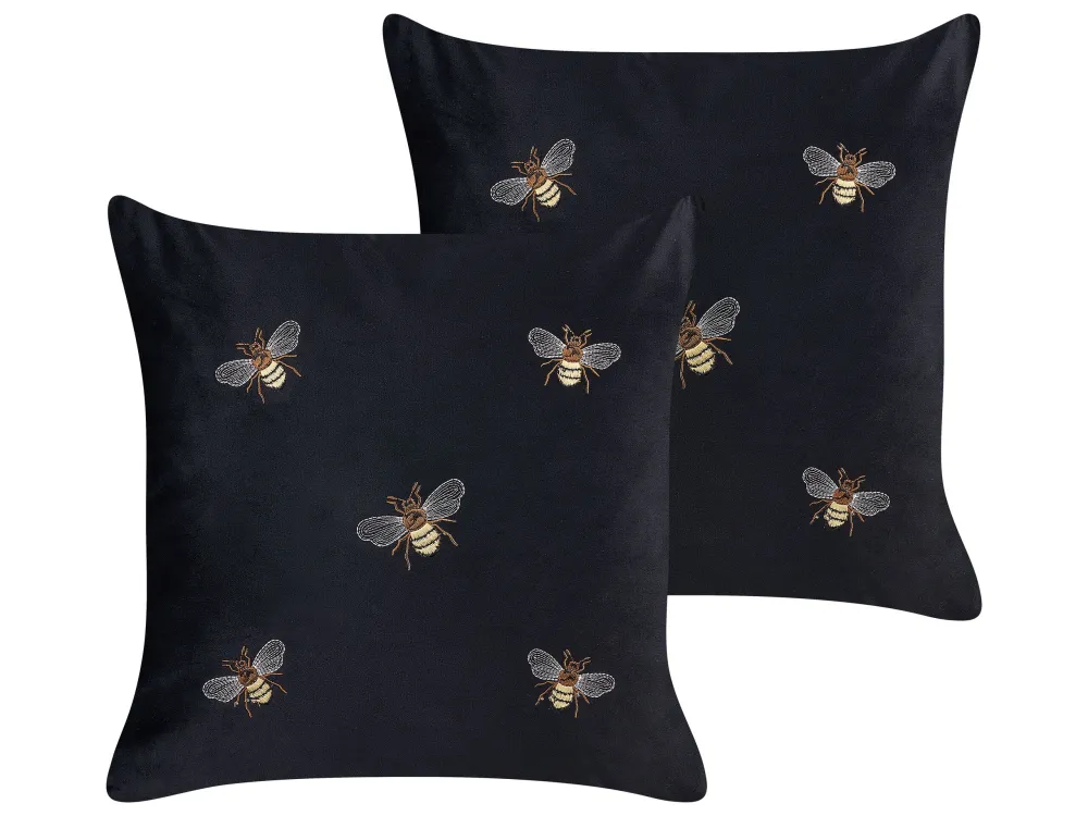Set 2 Embroidered Velvet Cushions Bees Motif 45 x 45 cm Ébano TALINUM