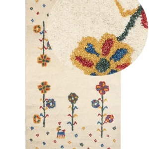 Wool Gabbeh Area Rug Floral Pattern 80 x 150 cm Cor creme HUSUNLU