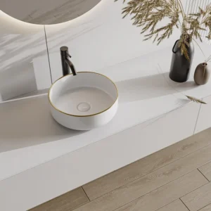 Lavatório de casa de banho redondo, branco cintilante com debruado dourado 36 cm LENISO