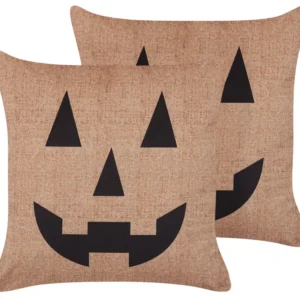 Set 2 Velvet Cushions Jack-O-Lantern Pattern 45 x 45 cm Beige SEBES
