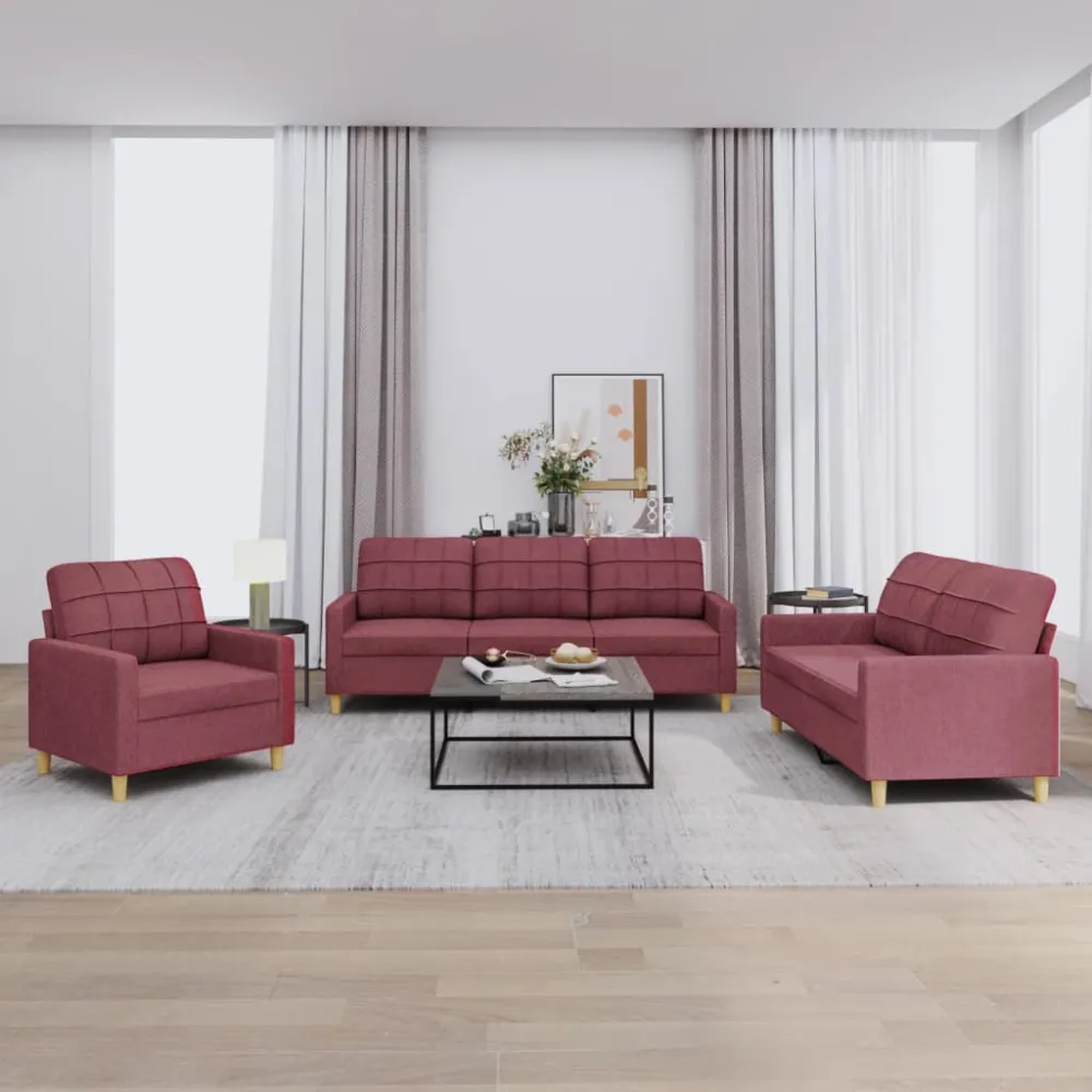 Design Exclusivo 3 pcs conjunto de sofás com almofadões tecido vermelho tinto