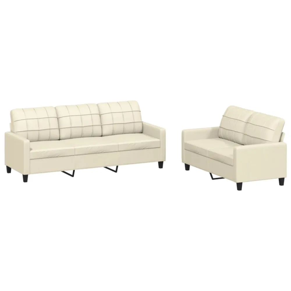 2 pcs conjunto sofás com almofadões couro artificial cor creme com Enchimento Incluído