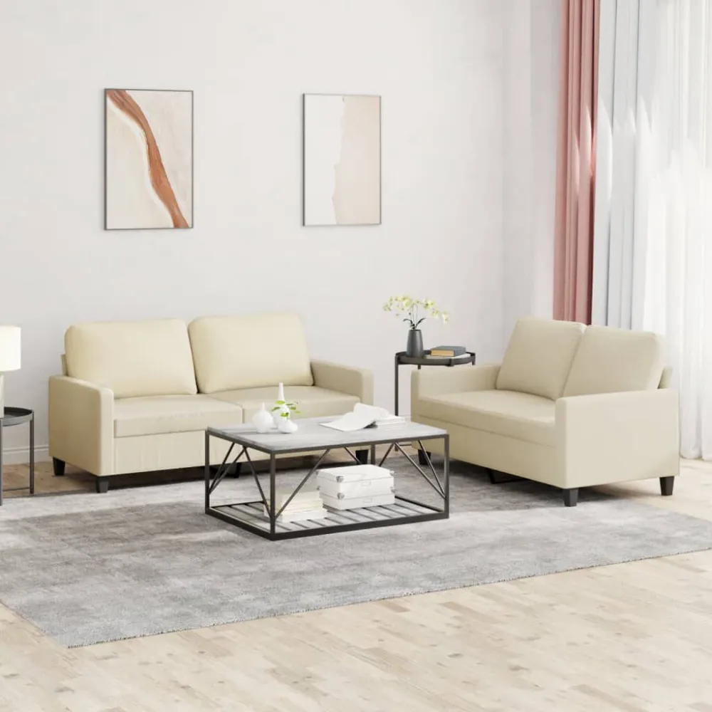 2 pcs conjunto sofás com almofadões couro artificial cor creme Estampada