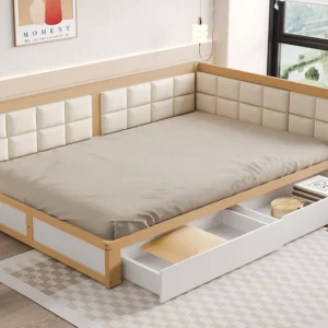 Sofá cama estofado 140x200cm - com 2 gavetas e base de ripas - Orgânico & Branco Estampada