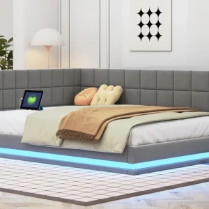 Sofá-cama estofado em veludo 140x200cm - com LED e tomada USB - Cinza Estampada