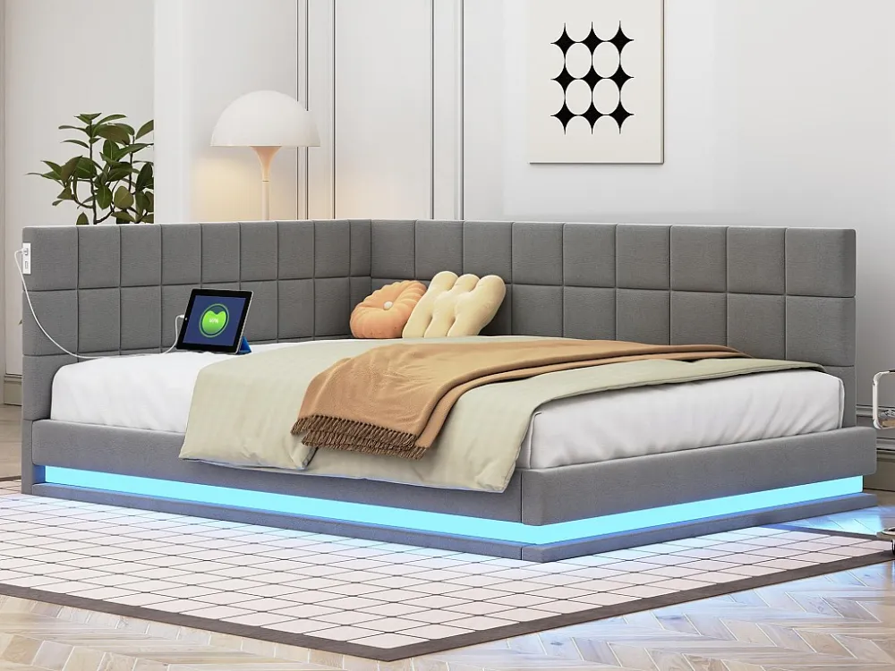 Sofá-cama estofado em veludo 140x200cm - com LED e tomada USB - Cinza Estampada