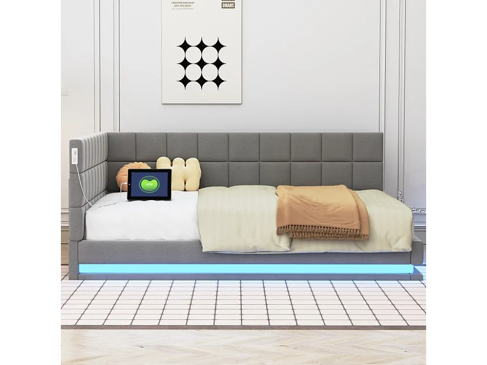 Sofá-cama estofado em veludo 140x200cm - com LED e tomada USB - Cinza Estampada