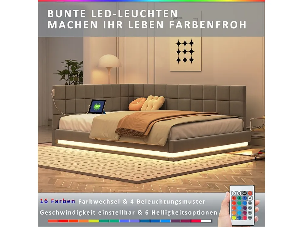 Sofá-cama estofado em veludo 140x200cm - com LED e tomada USB - Cinza Estampada