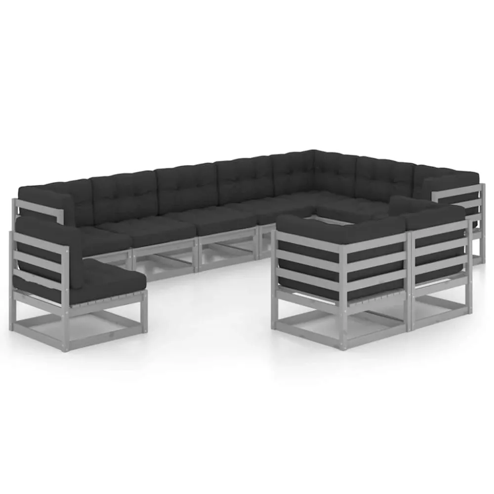 10pcs conjunto lounge de jardim + almofadões pinho maciço cinza para Relaxamento ao Ar Livre