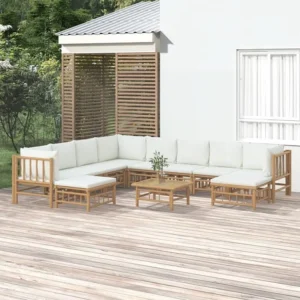 11peças conjunto lounge de jardim bambu com almofadões branco nata | Resistente à Chuva | Confortável