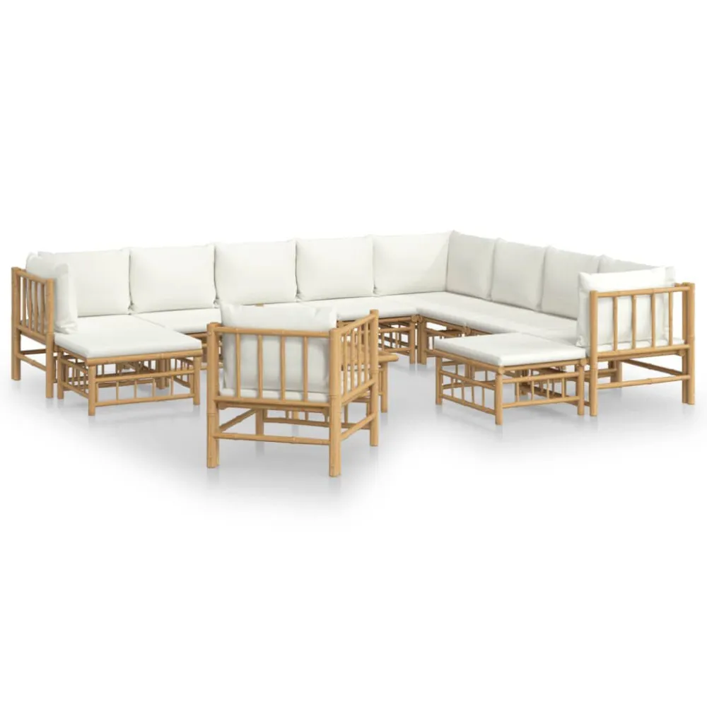 12pcs conjunto lounge de jardim bambu com almofadões branco nata Fácil de Guardar