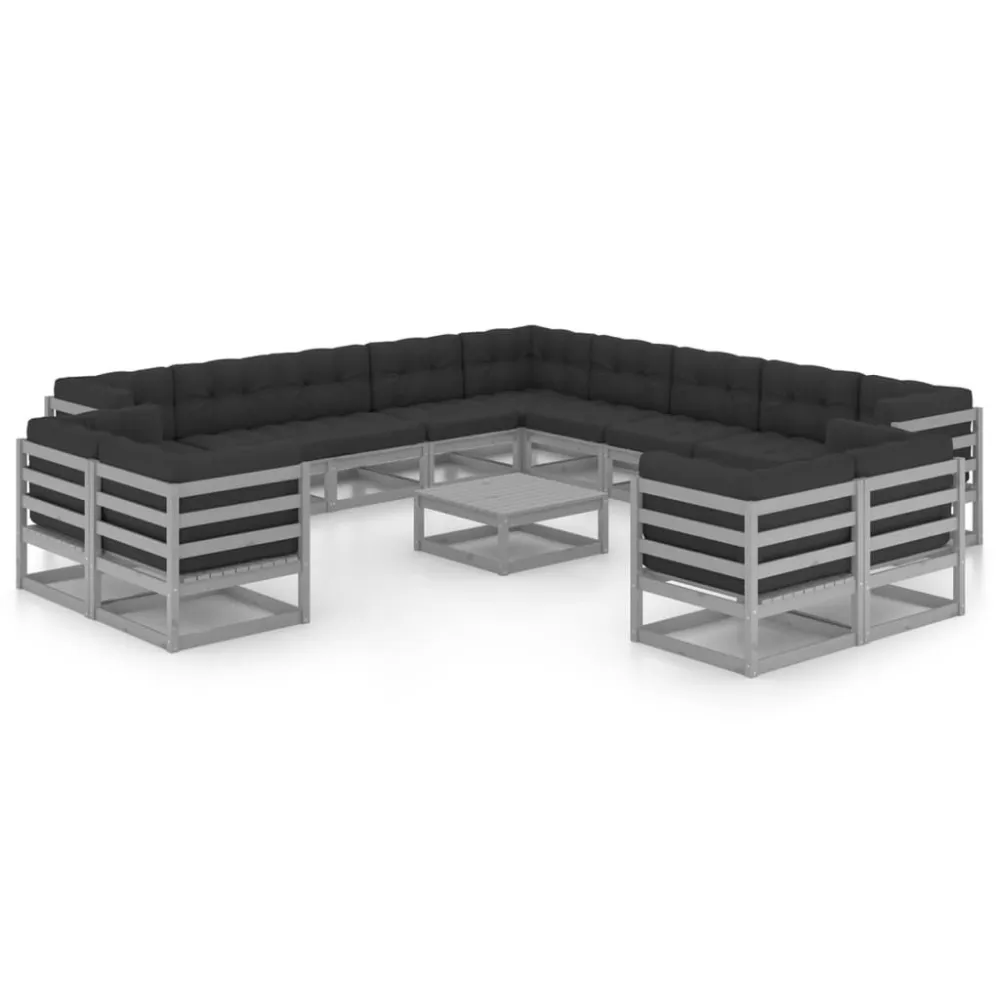 14pcs conjunto lounge de jardim + almofadões pinho maciço cinza | Resistente à Chuva | Confortável