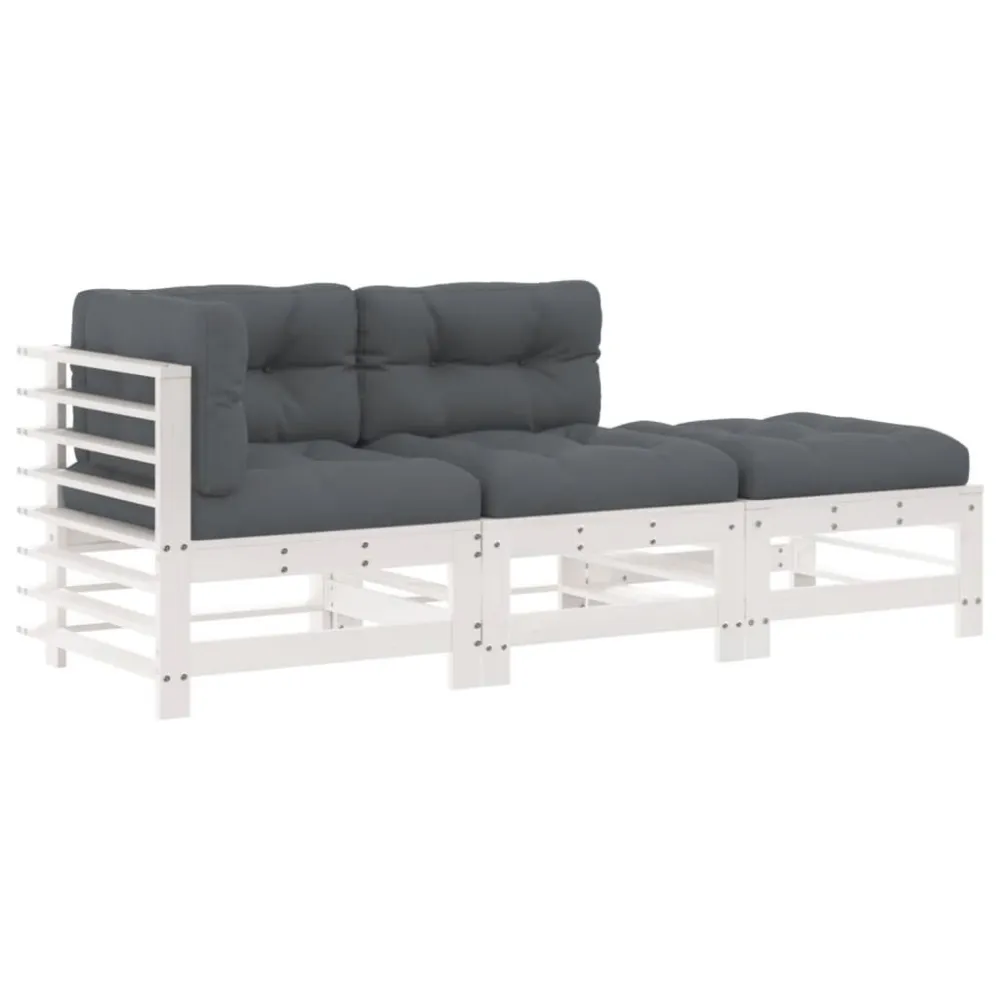 3pcs conjunto lounge jardim com almofadões madeira maciç branco para Relaxamento ao Ar Livre