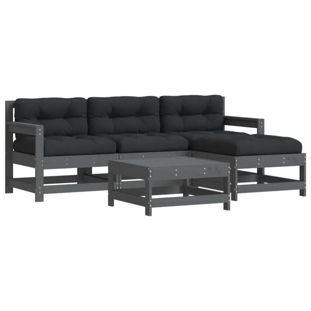 5pcs conjunto lounge jardim com almofadões madeira maciç cinza com Tecido Impermeável UV