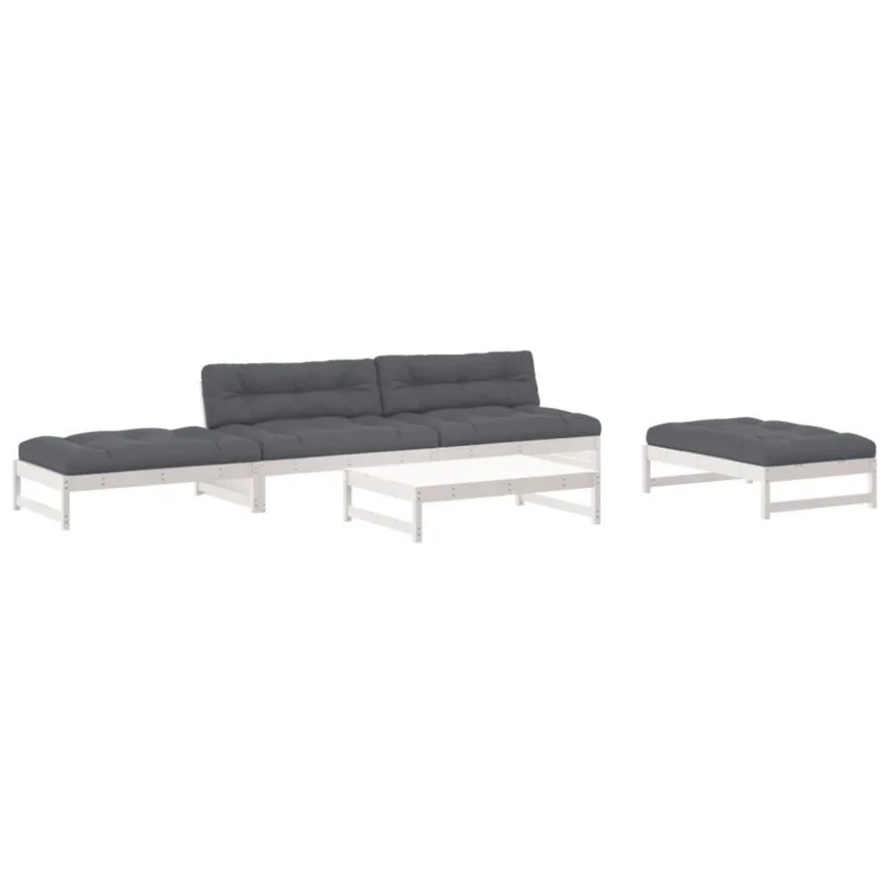 5pcs conjunto lounge jardim com almofadões madeira maciç branco com Almofada Inclusa