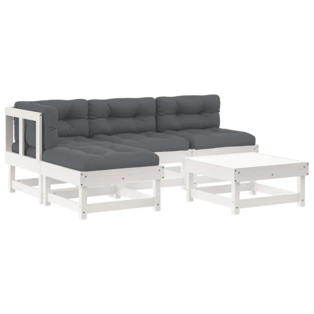5pcs conjunto lounge jardim com almofadões madeira maciç branco para Relaxamento ao Ar Livre