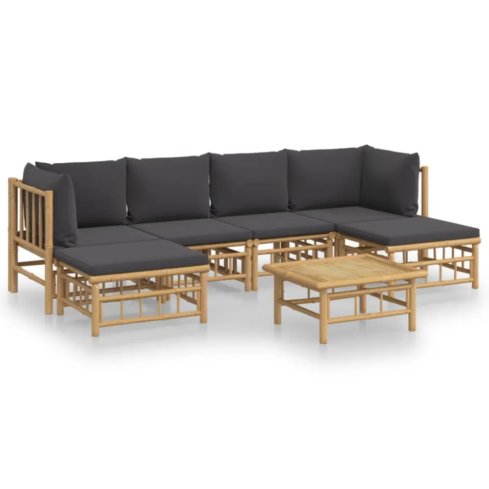 7pcs conj. lounge de jardim bambu com almofadões cinzento-escuro | Resistente à Chuva | Confortável