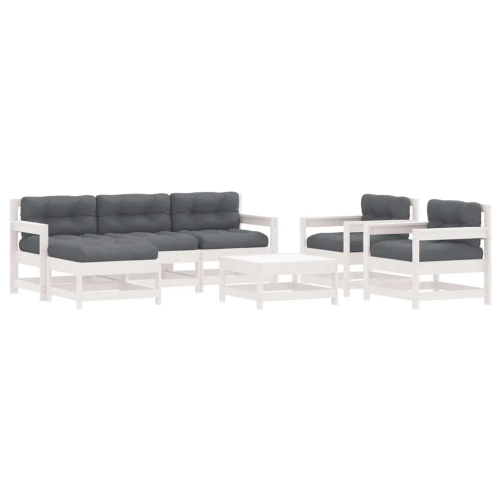 7pcs conjunto lounge jardim com almofadões madeira maciç branco com Tecido Impermeável UV