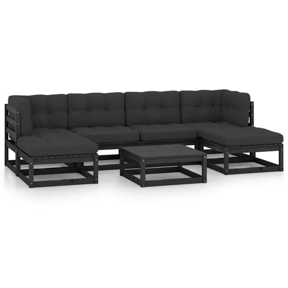 7pcs conjunto lounge de jardim com almofadões pinho maciço preto | Resistente à Chuva | Confortável