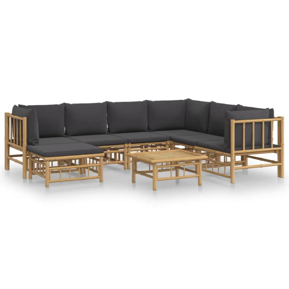 8pcs conj. lounge de jardim bambu com almofadões cinzento-escuro | Resistente à Chuva | Confortável
