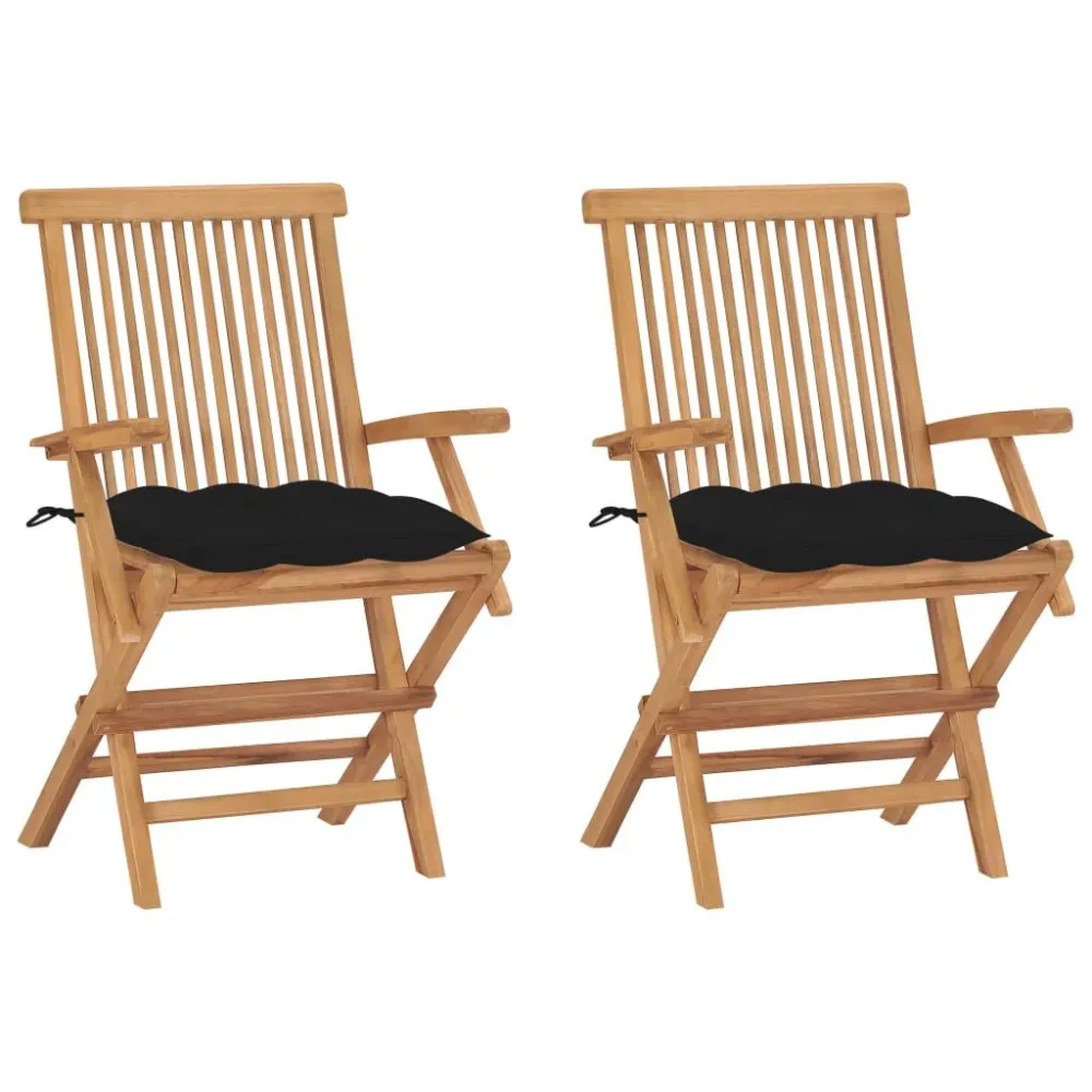 Banco de Jardim Cadeiras de jardim com almofadões pretos 2 pcs teca maciç
