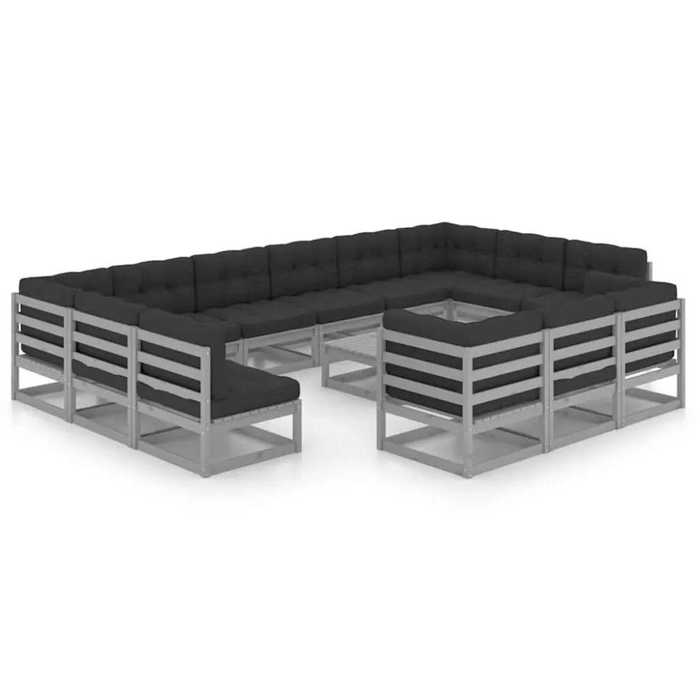 Banco de Jardim 14 pcs conj. lounge de jardim + almofadões pinho maciço cinza