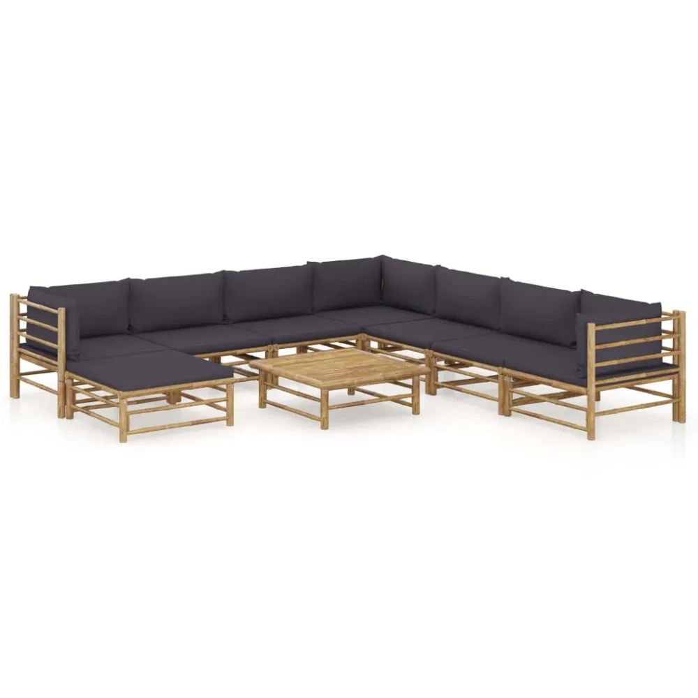 Banco de Jardim 9 pcs conj. lounge jardim em bambu com almofadões cinza-escuro