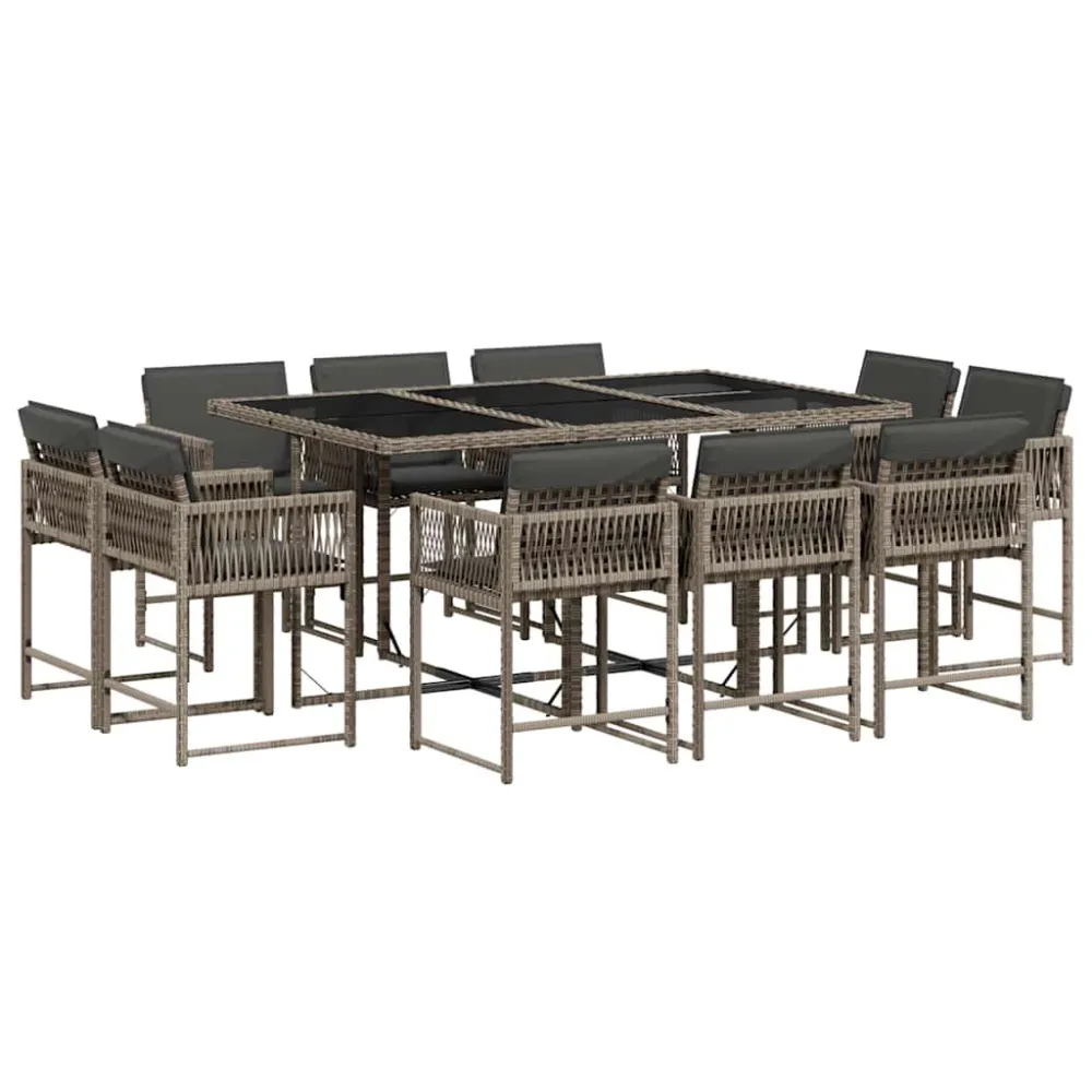 Banco de Jardim 11 pcs conjunto jantar para jardim com almofadões vime PE cinzento