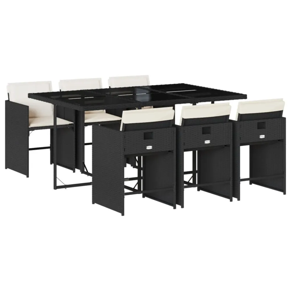 Banco de Jardim 7 pcs conjunto de jantar para jardim com almofadões vime PE preto