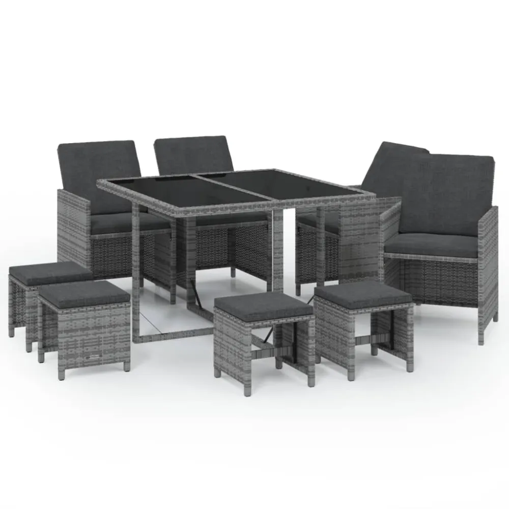 Banco de Jardim 9 pcs conjunto jantar para jardim com almofadões vime PE cinzento