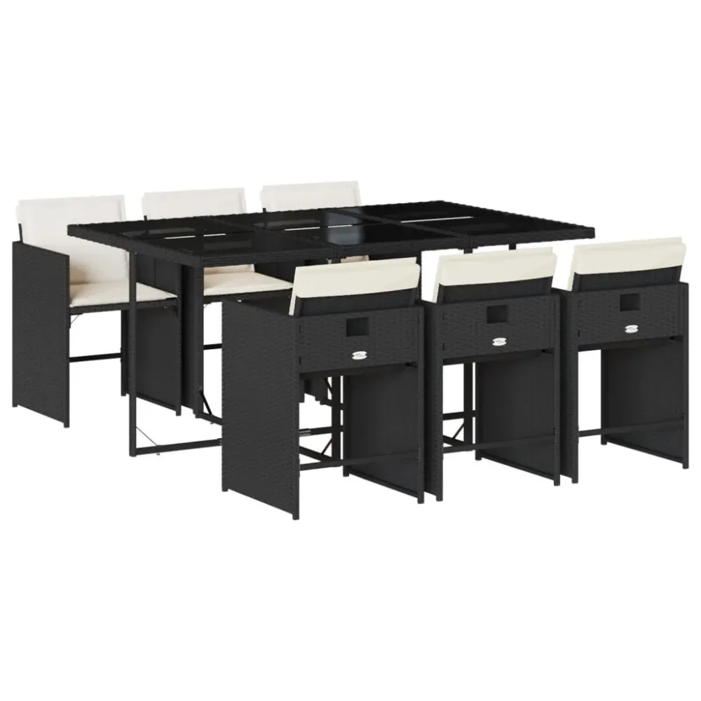 Banco de Jardim 7 pcs conjunto de jantar para jardim com almofadões vime PE preto