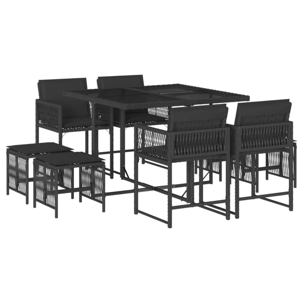 Banco de Jardim 9 pcs conjunto de jantar para jardim com almofadões vime PE preto