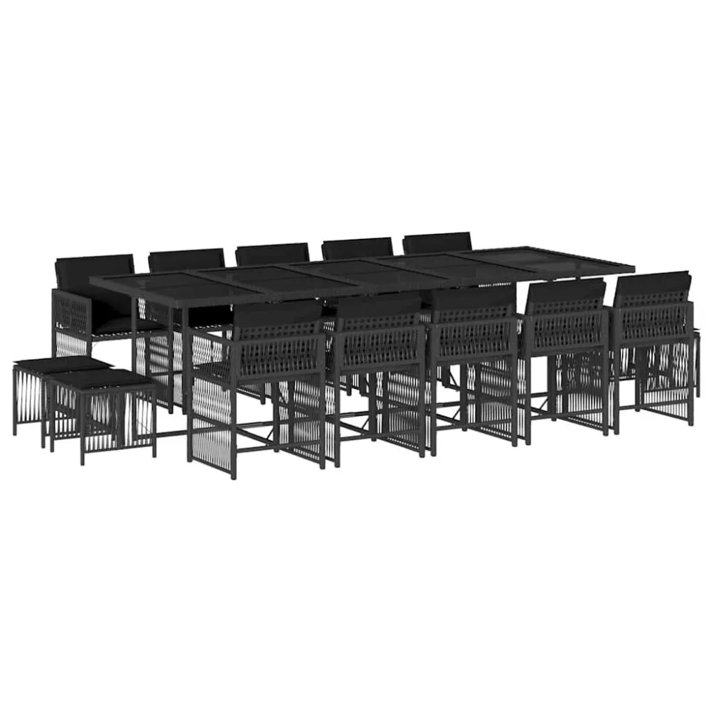 Banco de Jardim 15 pcs conjunto de jantar parajardim com almofadões vime PE preto