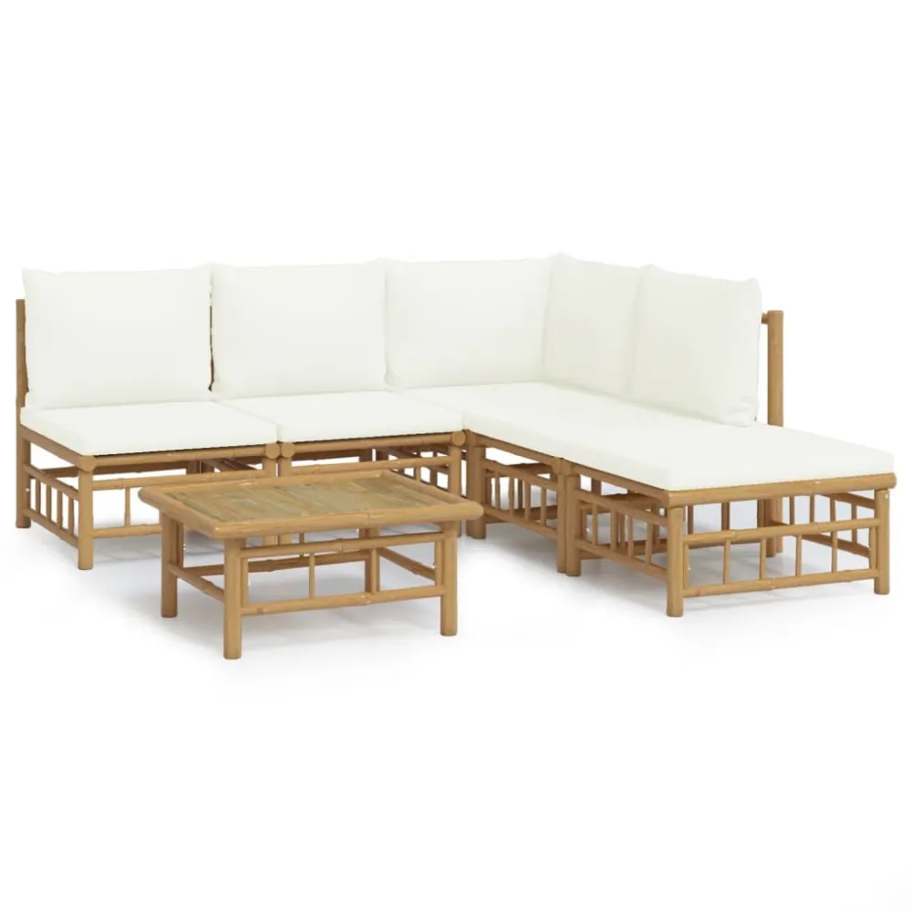 Banco de Jardim 6 pcs conjunto lounge de jardim bambu com almofadões branco nata
