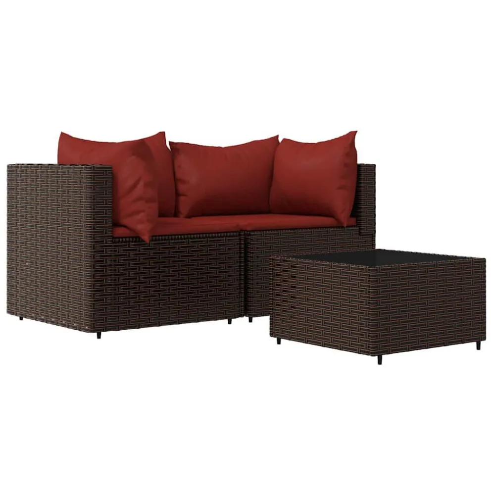 Banco de Jardim 3 pcs conjunto lounge jardim com almofadões vime PE castanho
