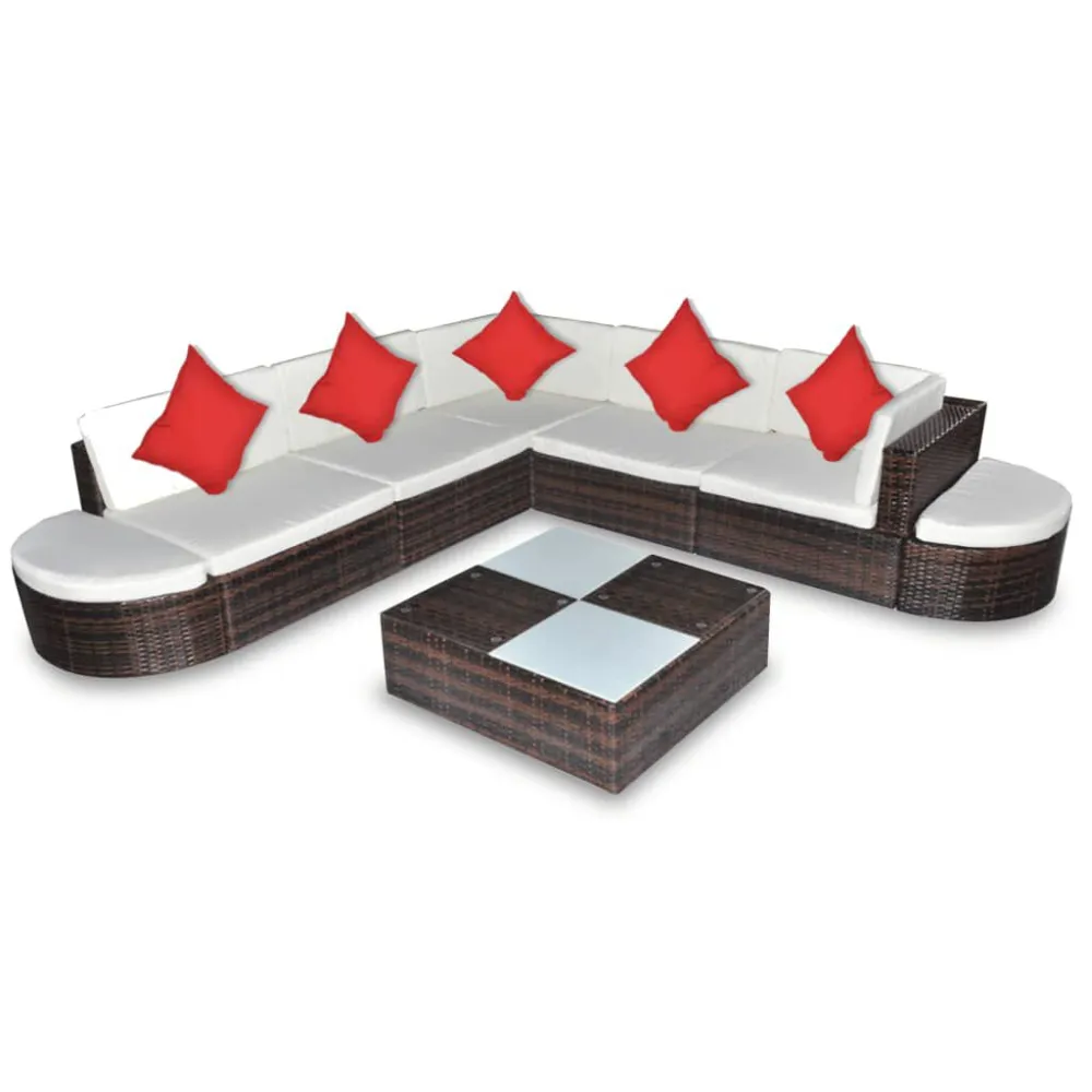 Banco de Jardim 8 pcs conjunto lounge jardim com almofadões vime PE castanho