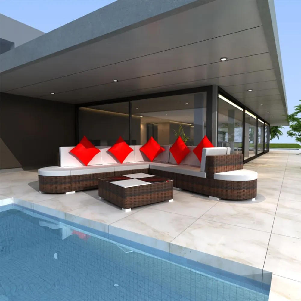 Banco de Jardim 8 pcs conjunto lounge jardim com almofadões vime PE castanho