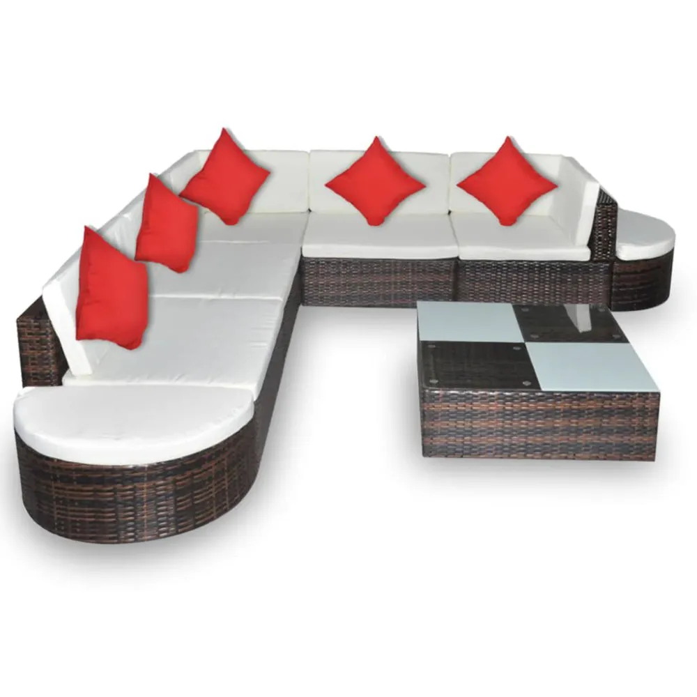 Banco de Jardim 8 pcs conjunto lounge jardim com almofadões vime PE castanho