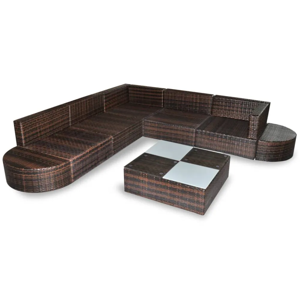 Banco de Jardim 8 pcs conjunto lounge jardim com almofadões vime PE castanho