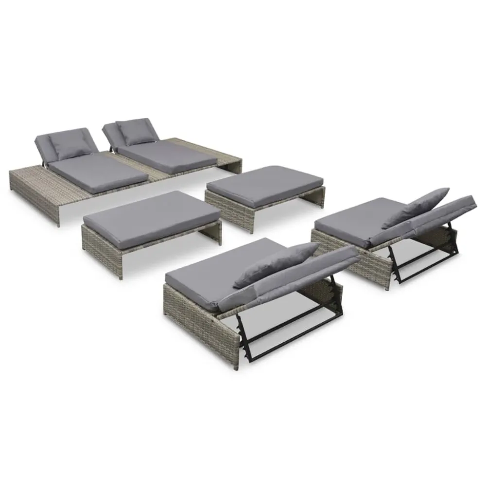 Banco de Jardim 5 pcs conjunto lounge de jardim com almofadões vime PE cinzento