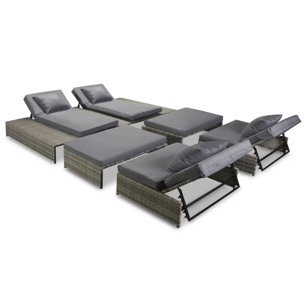 Banco de Jardim 5 pcs conjunto lounge de jardim com almofadões vime PE cinzento